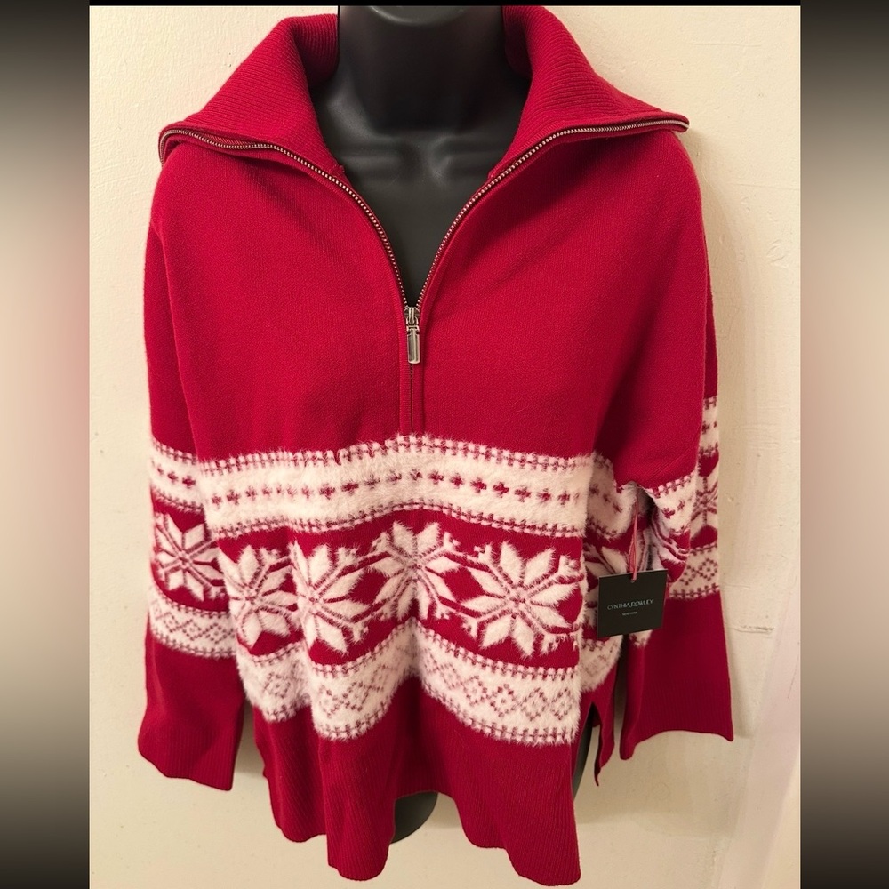 Cynthia Rowley Red and White Zip Sweater